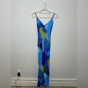 PrettyLittleThing blue abstract print plisse low back strappy maxi dress